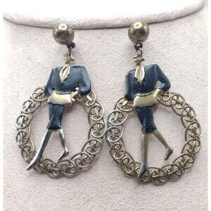 Vintage Fancy Lady Walking Fashion Figure Stud Dangle Hoop Earrings Black Brass